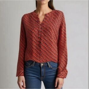 Talbots V-Neck Polyester Long Sleeve Blouse Large Red/Blue/Orange Top